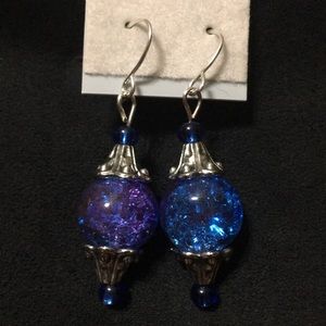 Blue and purple crackle glass earrings